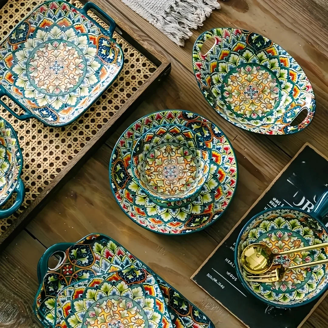 Bohemian ceramic plate 7-piece set cross-border high-value plate household new dessert plate underglazed plate spaghetti bowl