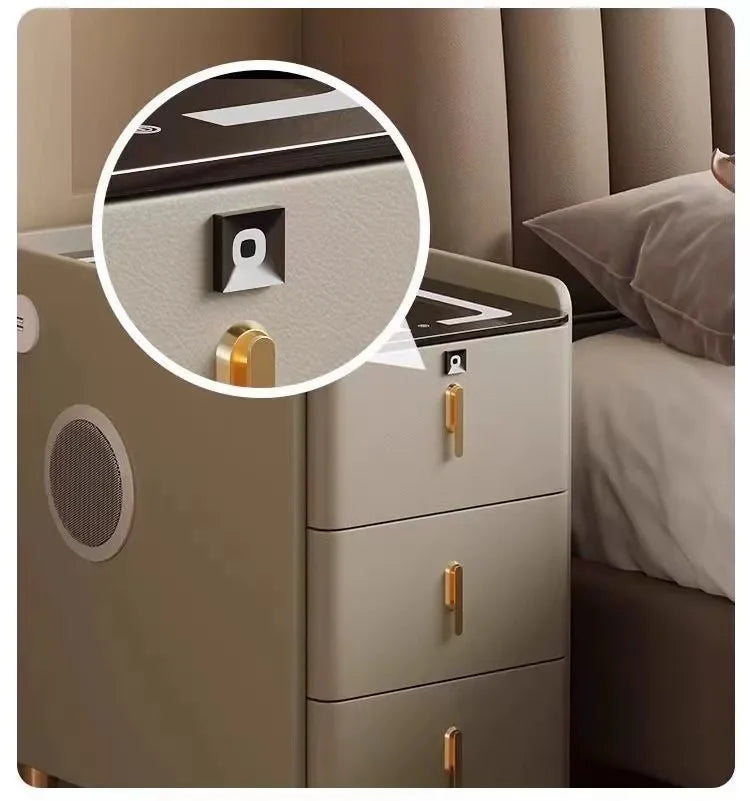 Nordic Style Intelligent Solid Wood Bedside Table Faux Leather 3 Drawers Nightstands with Wireless Charging Side Storage Cabinet