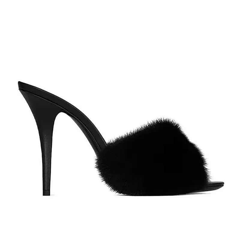 Thin high-heeled slippers summer new round-toed fish mouth fur leather fashion slippers banquet dress mink fur women's sandals