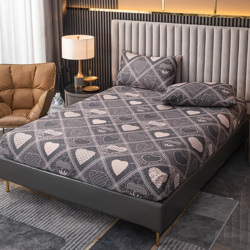 100% Polyester 3pcs Printed Sanding Fitted Sheet and pillowcases Set Elastic Band Around Mattress Cover King Size Bed Cover