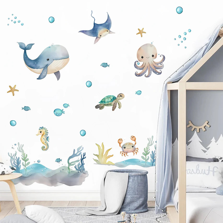 Watercolor Cartoon Ocean Fish Animal Wall Sticker Living Room Bedroom Sea Life Beach Landscape Wall Decal Home Decor