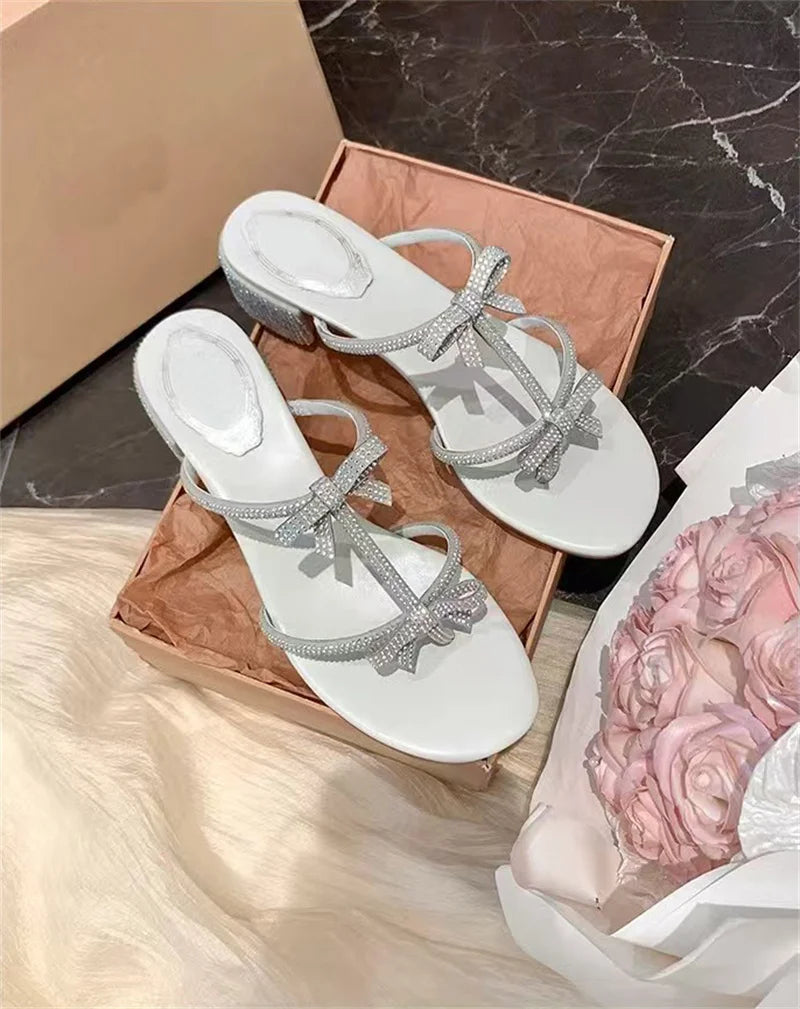 Hlieny Silver Crystal Bowknot Slipper Summer Outdoor Sandal Women Square Low Heel Beach Slip On Flip Flop Slides Shoes Size 40