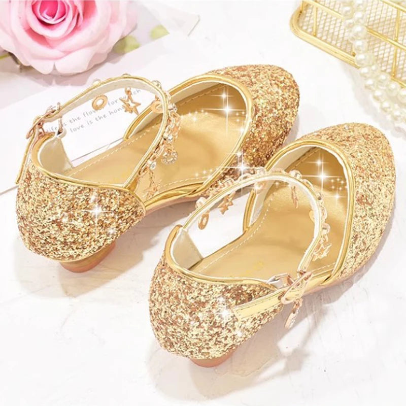 Heeled Dancing Shoes Due To Gold for Girls Glitter Shoes Heels Girls Princess Flowergirl Dresses Golden Girl Child Shoe for Wed
