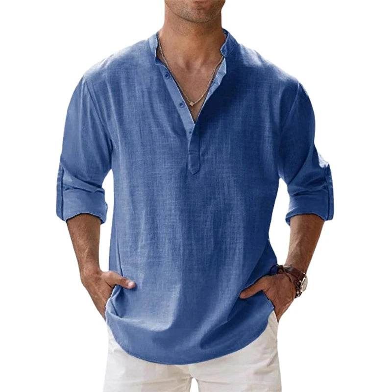 New Cotton Linen Shirts for Men Casual Shirts Lightweight Long Sleeve Henley Beach Shirts Hawaiian T Shirts for Men - AIAZ