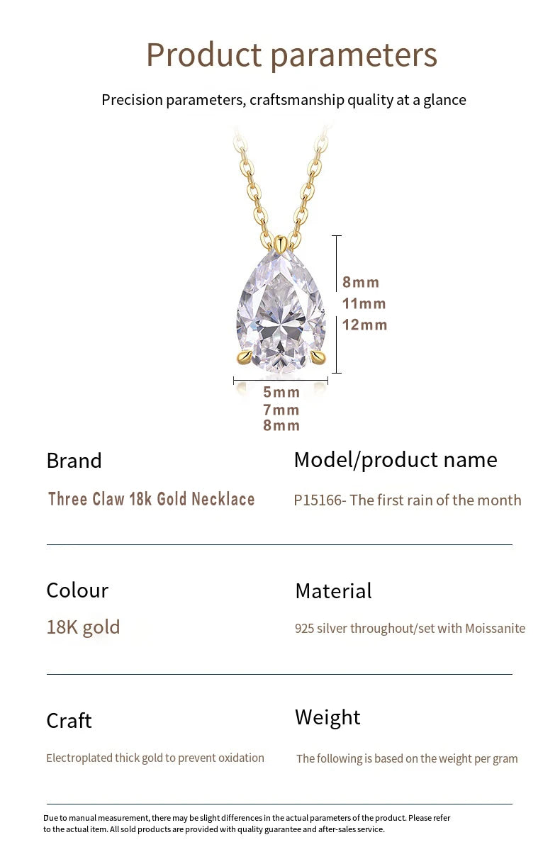 1-5CT Pear Cut D VVS1 Moissanite Necklace 100% S925 Silver 18k Gold Plated Single Diamond Women's Pendant Necklace Fine Jewelry