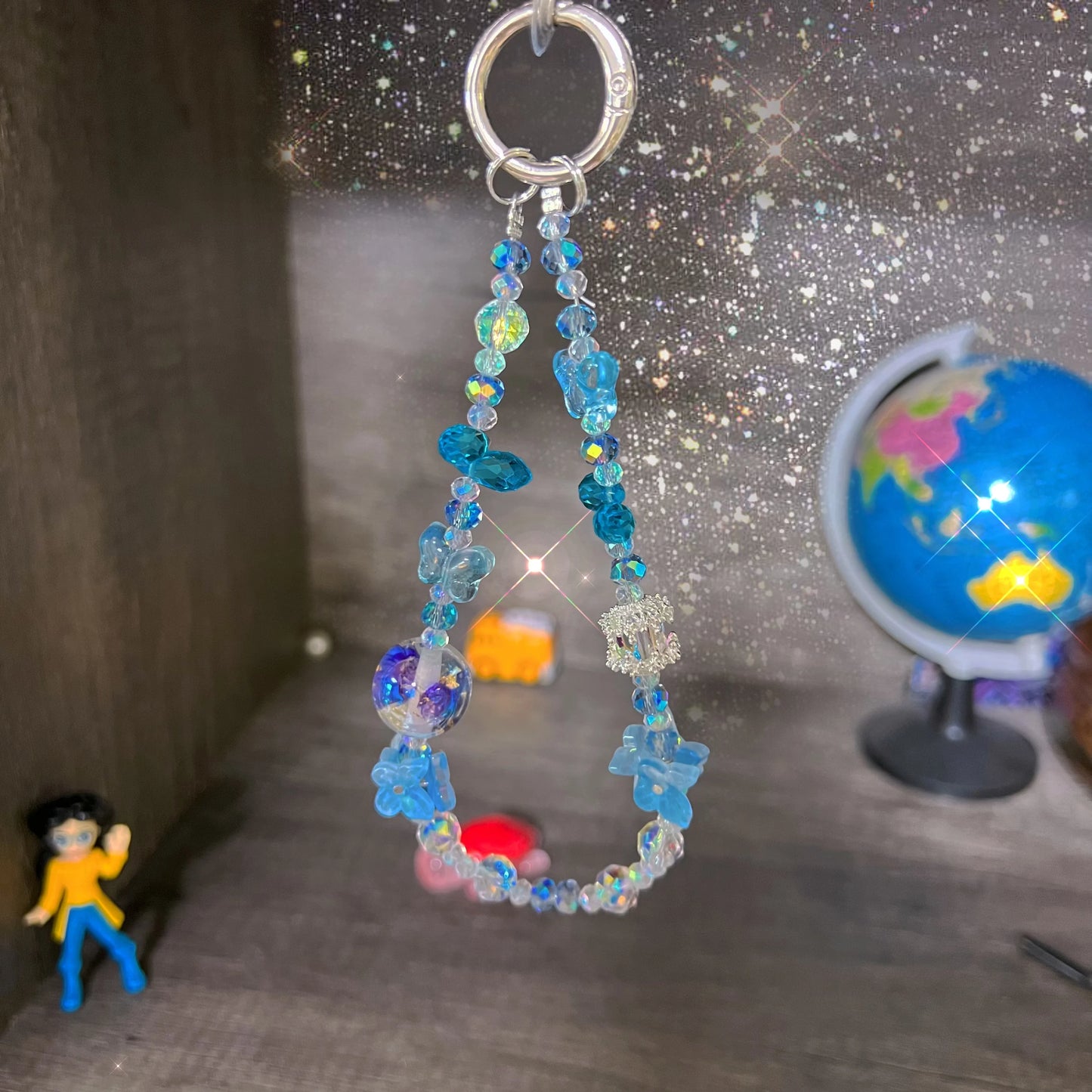 2025New Fashion Crystal Beaded Keychain for Women Phone Lanyard Wrist Strap 3 Colors (Pink/Blue/White) with Butterfly Charm Gift