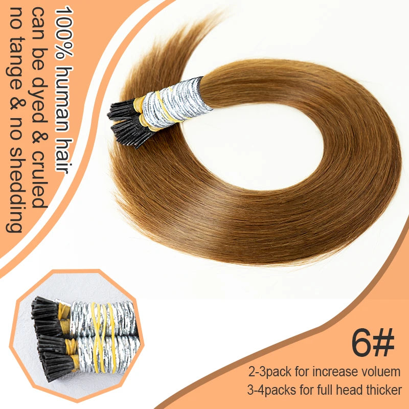 100% Human Hair Straight I Tip Hair Extensions Natural Real Human Fusion Hair Extensions Keratin Capsule Brown 613 Blonde Color