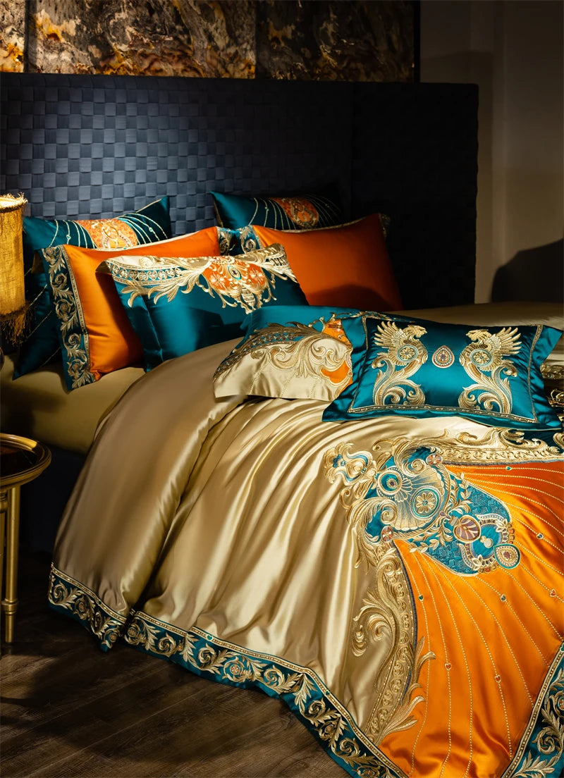 4/6/9Pcs Gorgeous European Palace Style Royal Embroidery Bedding Set Brocade Egyptian Cotton Duvet Cover Bed Sheet Pillowcases