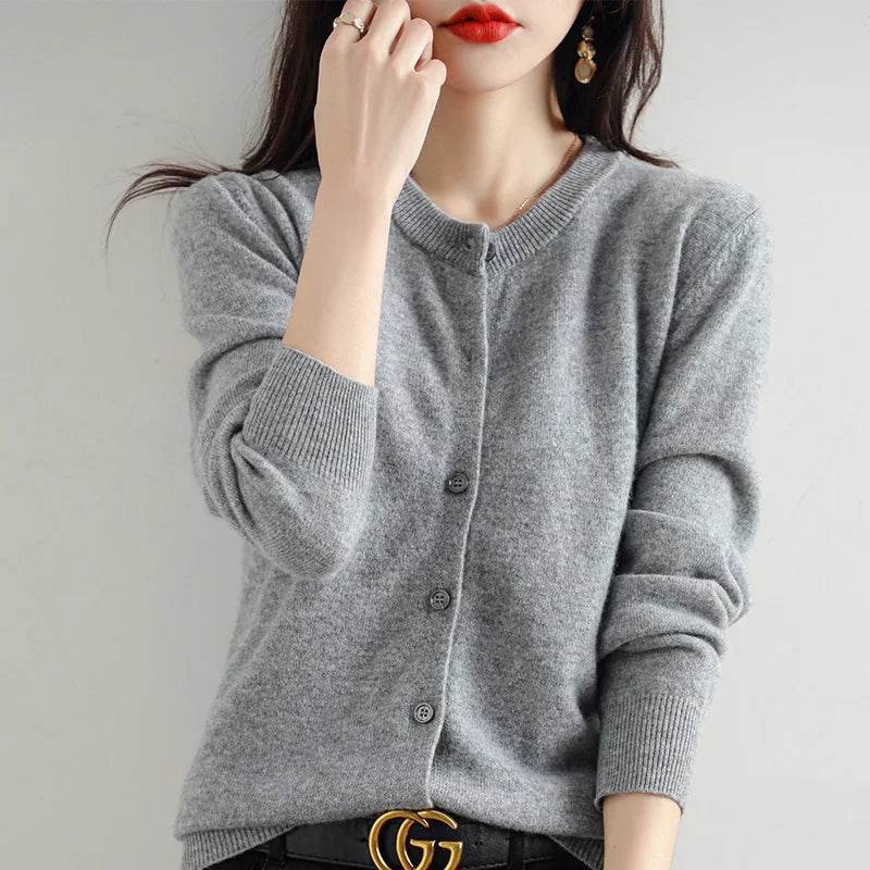 Knitted Cardigan Women's Sweater Autumn And Winter 2022 New Solid Color Coat Round Neck Short Long Sleeve Loose Korean Fashion - AIAZ