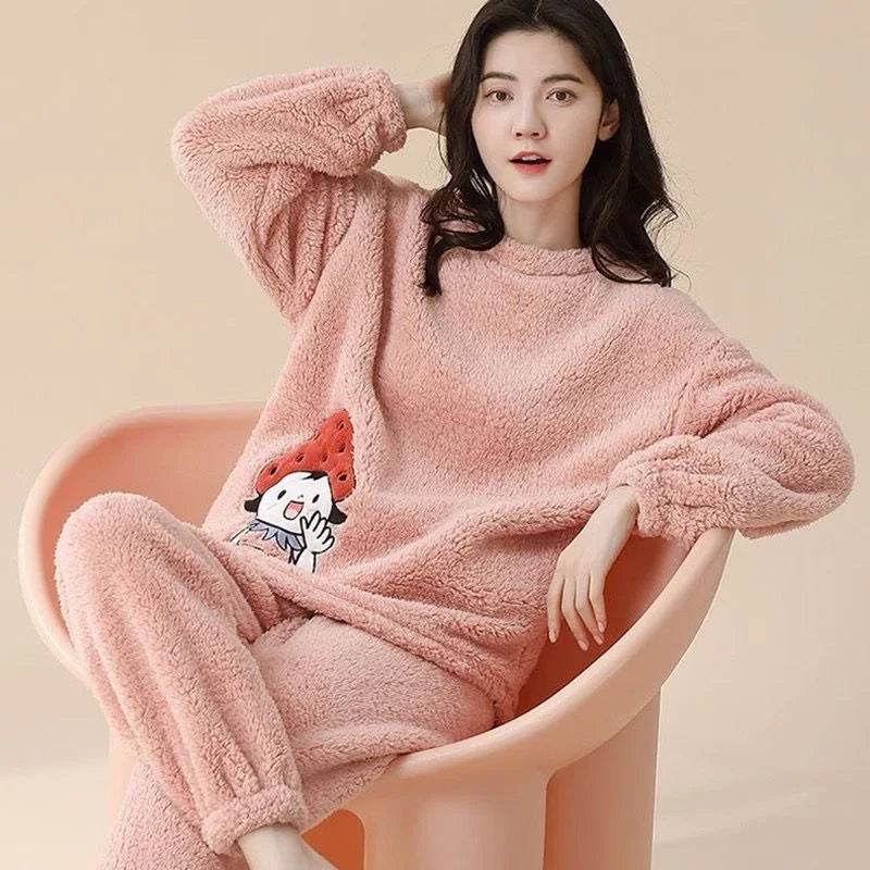 Women Pajamas Autumn Winter Flannel Warm Woman Sleepwear Korean cute Cartoon Pajama Set Fashion Pijama Mujer Home Cloth Pyjamas - AIAZ