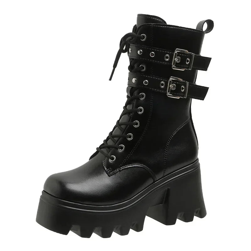 Trend Punk Women's Boots Buckle Platform Boots Mid-calf Gothic Boots for Women Autumn Ladies Motorcycle Boot Pu Leather Shoes