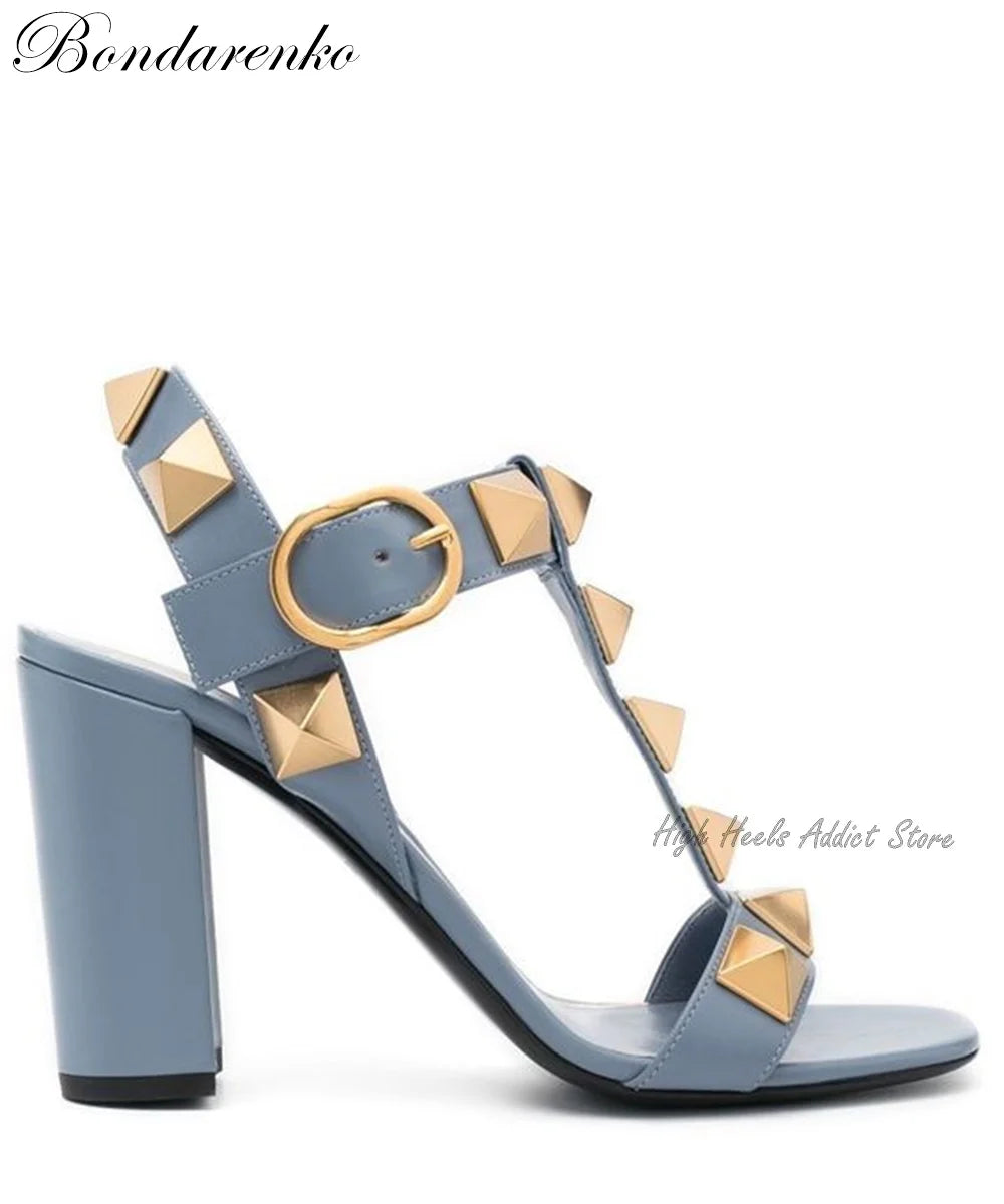 Rockstud Block Heel Leather Sandals Roman Stud Pink Black White Buckled High Heels Summer New Luxury Designer Shoes on Offer