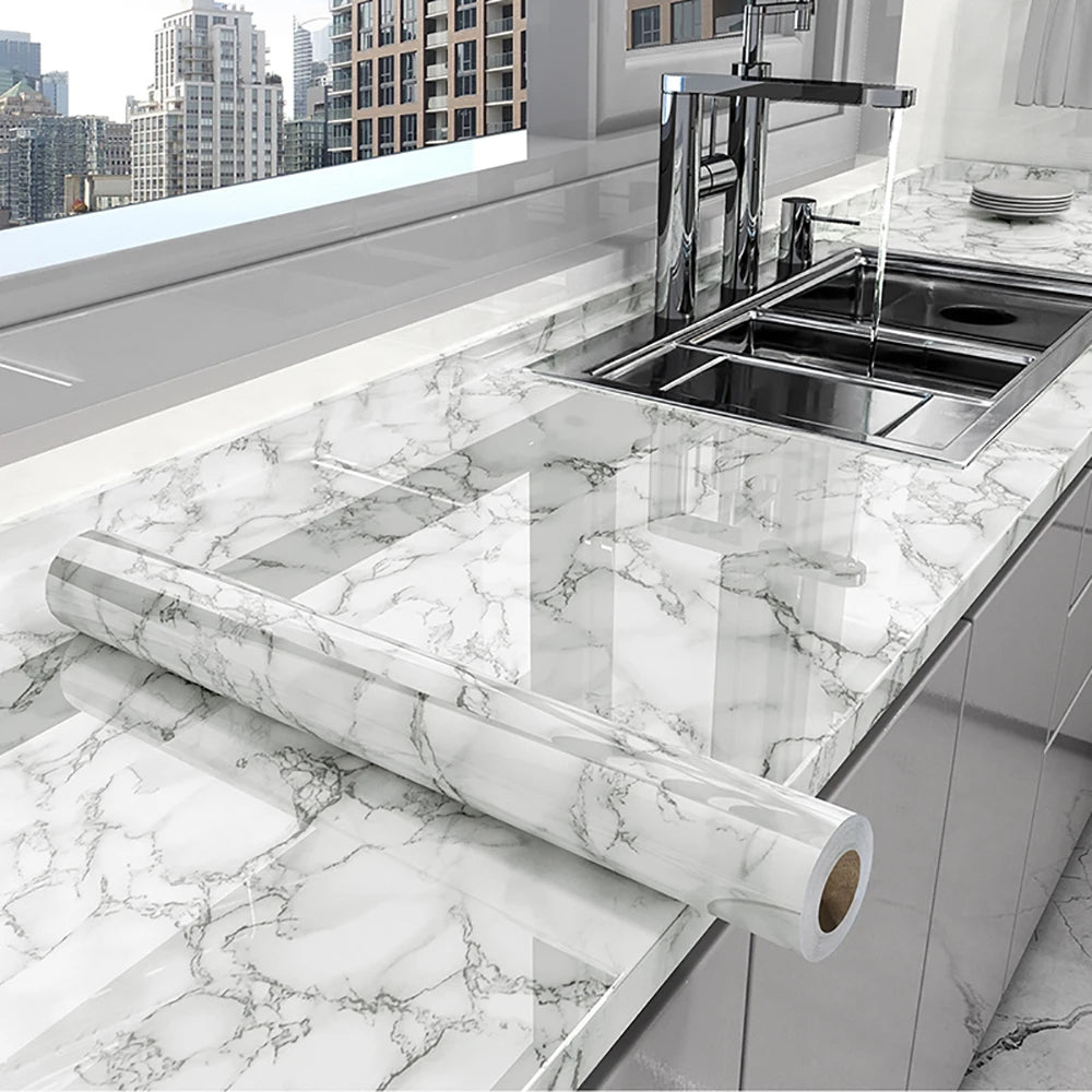 10m Marble Texture Oil Proof Self Adhesive Bathroom Tile Floor Waterproof PVC Cabinet Wallpaper Kitchen Furniture Wall Stickers