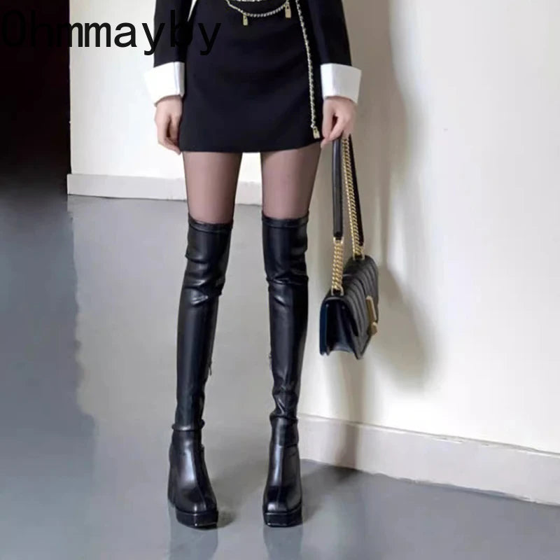 Autumn Winter Street Style Stretch Over The Knee Boots Women Fashion Round Toe Square Platform Heels Long Booties