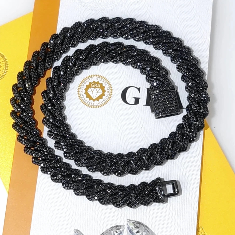 Hip Hop Jewelry Custom Black Plated Cuban Chain 10/12mm Ice out 925 VVS Black Moissanite Cuban Link Chain Necklace for men