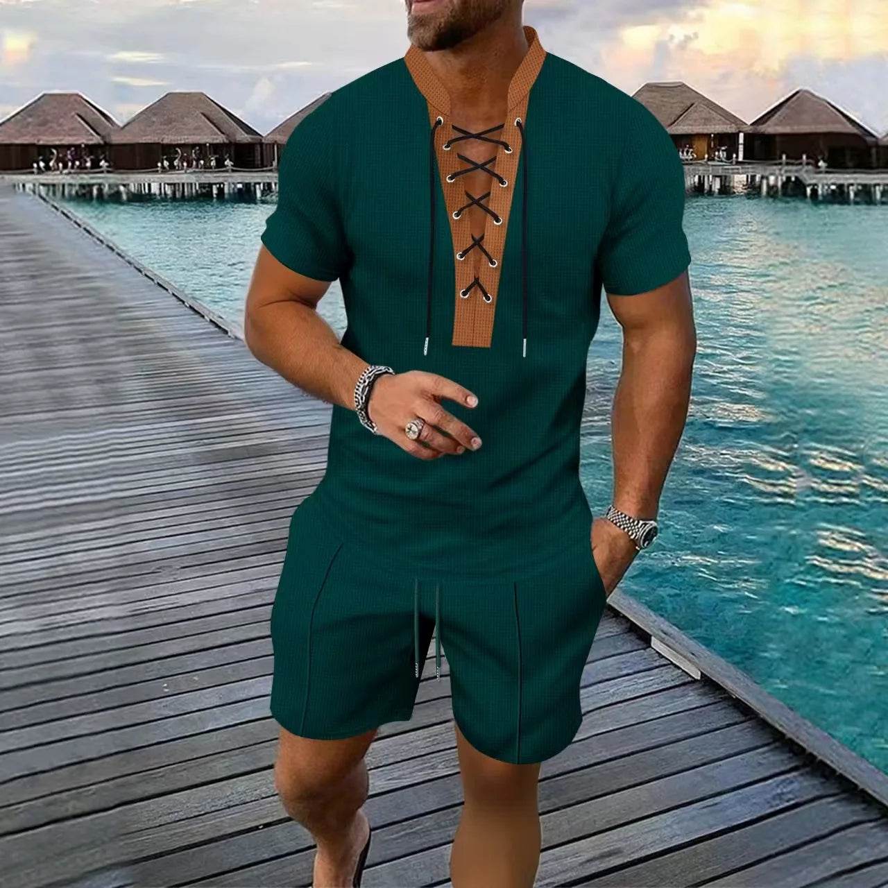 The 2025 men's new waffle checkered round-neck fashionable top, a two-piece casual suit with a rope short sleeve and shorts - AIAZ