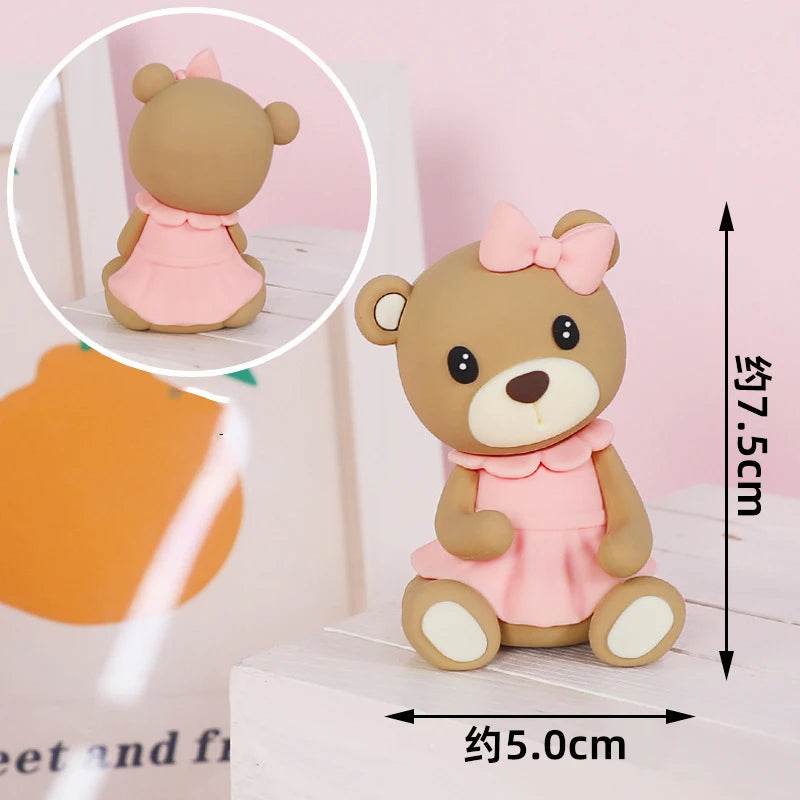 Brown Bear Doll Cake Toppers Happy Birthday Pink Blue Bear Theme Cake Topper for Birthday Baby Shower Wedding Cake Deocrations - AIAZ