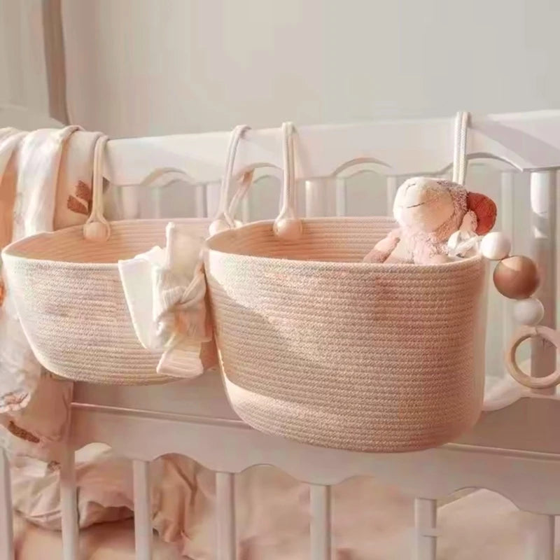Baby Crib Storage Bag Cotton weave Large Pouch Newborn Bed Headboard Organizer for Kids Baby Bedding Diaper Toys Bag