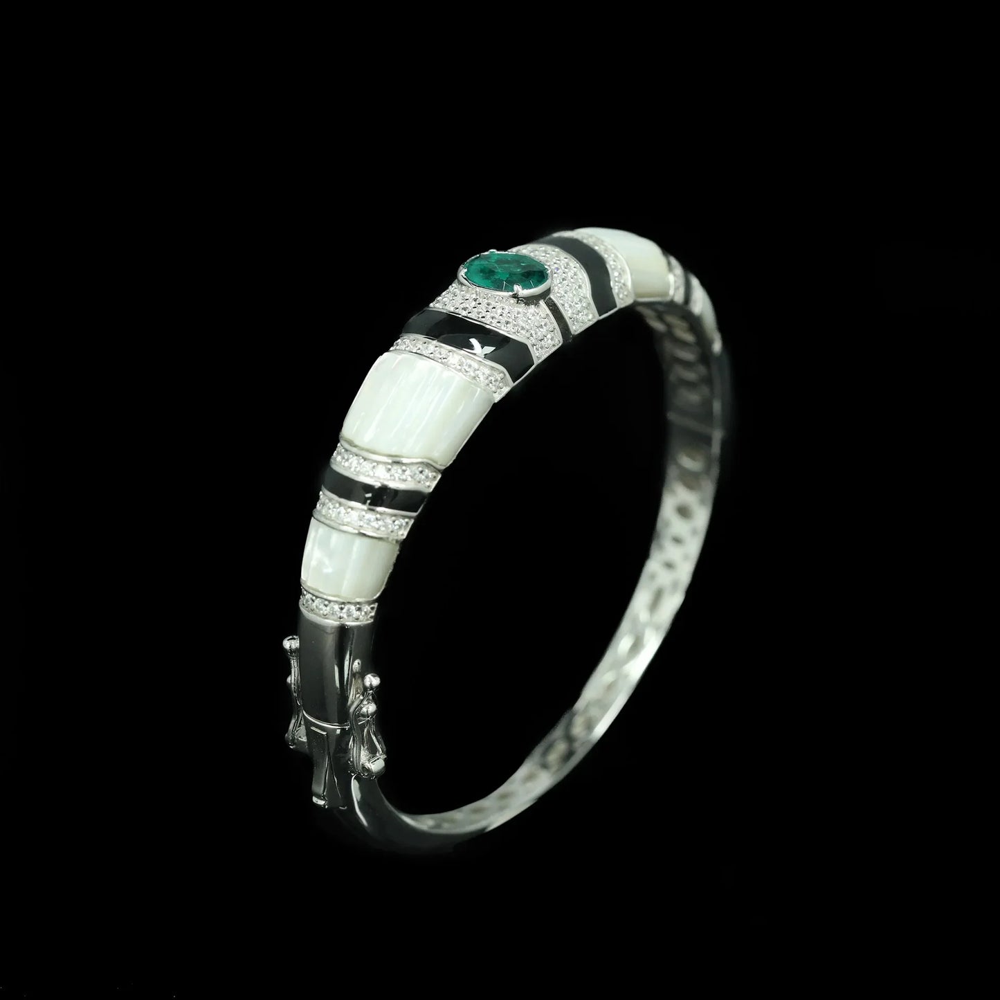 Gazing Jewelry925 Sterling Silver White Shell Pearl Black Agate Emerald Green Carbon Diamond Gemstone Ladies' Bracelet Jewelry