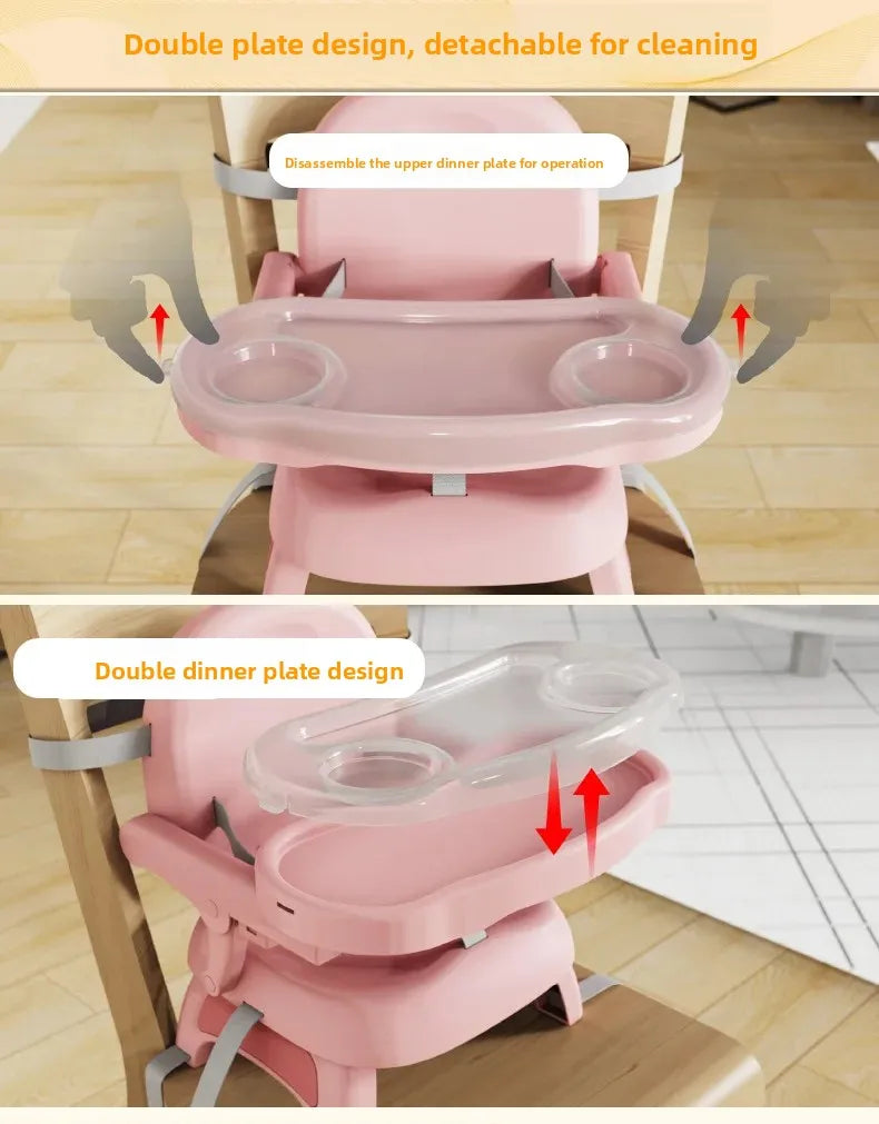 Foldable Baby Dining Chair - Adjustable Height Portable Highchair with Anti-Slip Base & Safety Harness for Home/Restaurant Use