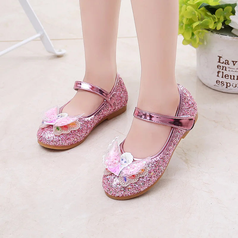 Disney Elsa Frozen Girls Princess Shoes Spring and Autumn Flat Paillette Shoes Children's Soft Sole Baby Casual Shoe Party Shoes