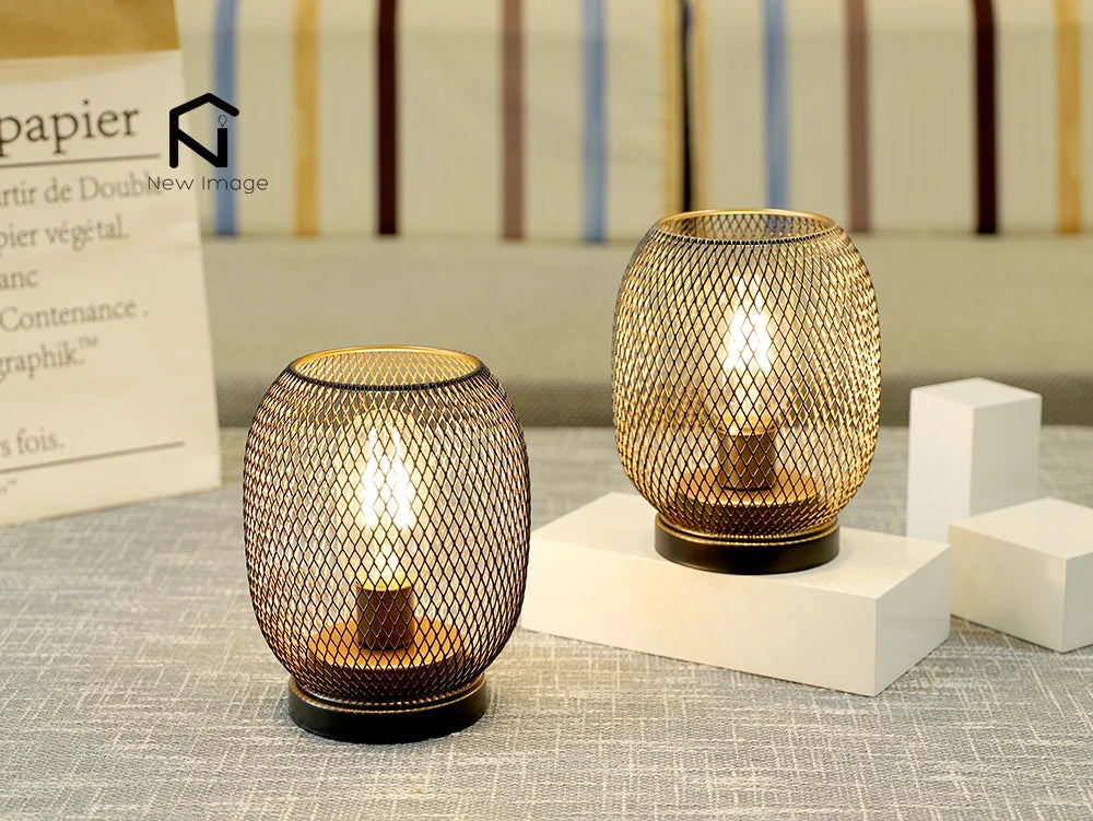 2Pcs Metal Cage Table Lamp Round Shaped LED Lantern Battery Powered Cordless Lamp for Weddings Party Home Decor Candle Holder