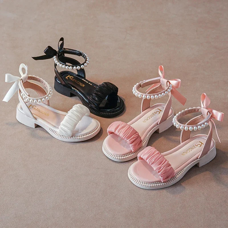 Children's Sandals Summer Elegant Girl Princess Dress Bowtie Sandals Fashion Beading Ankle Strap Kids Causal Sweet Roman Sandals