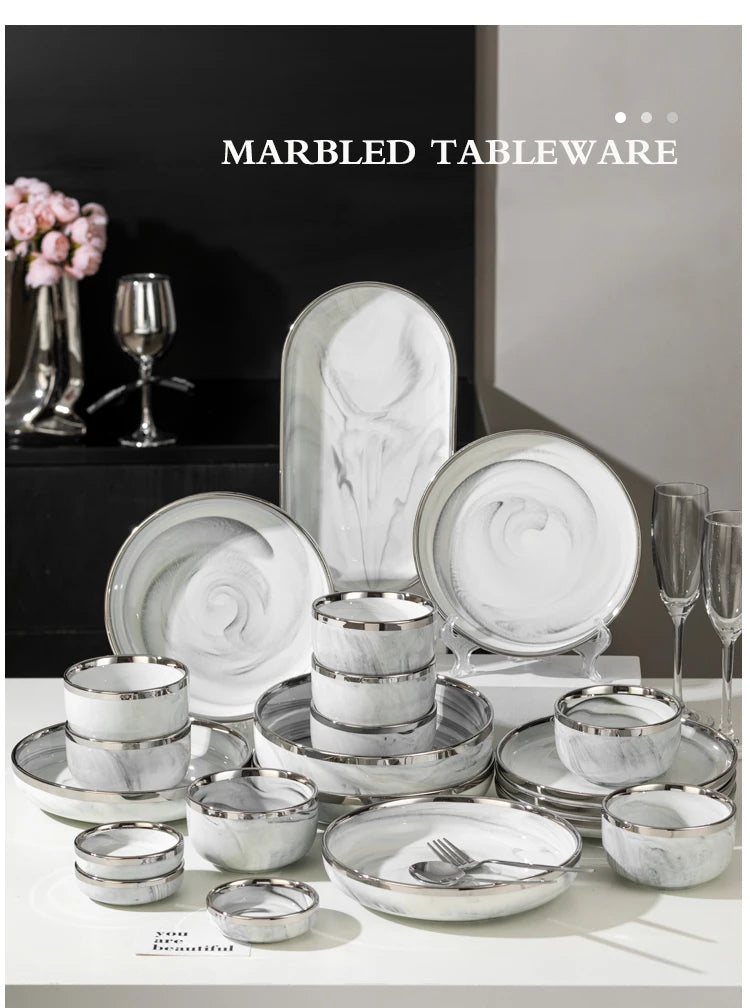 Light Luxury Ceramic Tableware Set Marble Fish Plates With Silver Rim Household Hotel LArge Capacity Soup Bowl Deep Plates