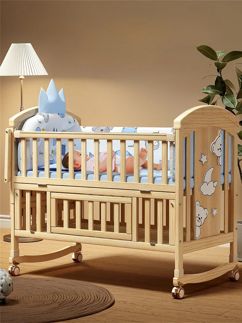 Crib Solid wood newborn baby cradle Multifunctional paint-free movable children's splicing bed air mattress 103 cm long