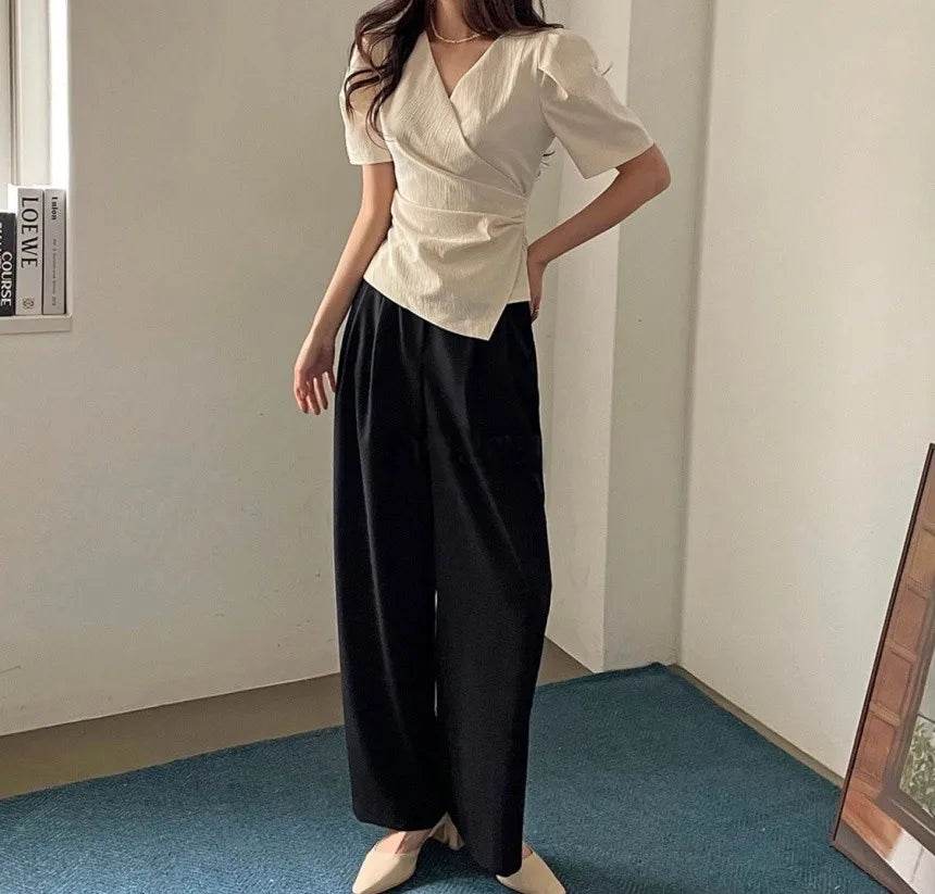 Women Blouse 2025 Spring Summer Solid Tucked V Neck Slim Blouse Elegant Short Sleeve Asymmetrical Top For Women Hot Sale - AIAZ