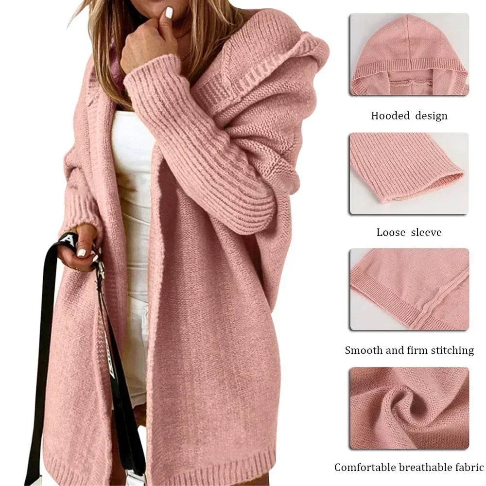 Women's Long Hooded Knitted Cardigan Sweater Warm Winter Overcoat Loose Fit Ladies Jumper Coat Knitwear Comfortable Knit - AIAZ