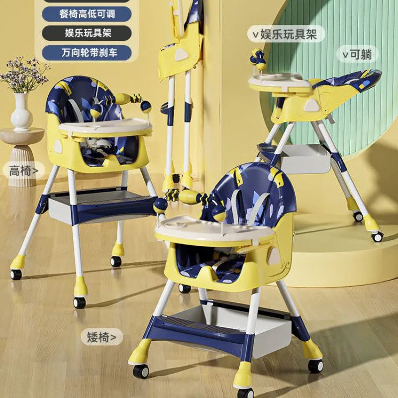 Portable Kids Dining Chair,Reinforced Steel Frame Non-Slip Base,Foldable with Wheels Adjustable Tray,Multi-Use Highchair