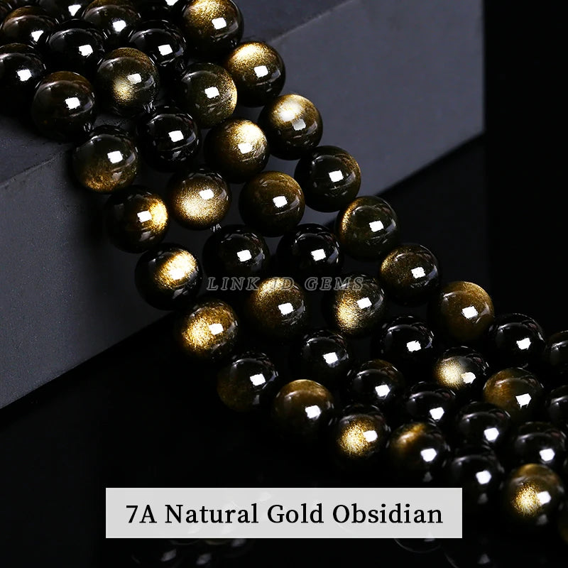 Natural Stone Golden Black Obsidian Bead Shinny Round Loose Gemstone Bead for Jewelry Making Diy Bracelet Necklace Accessory 15"