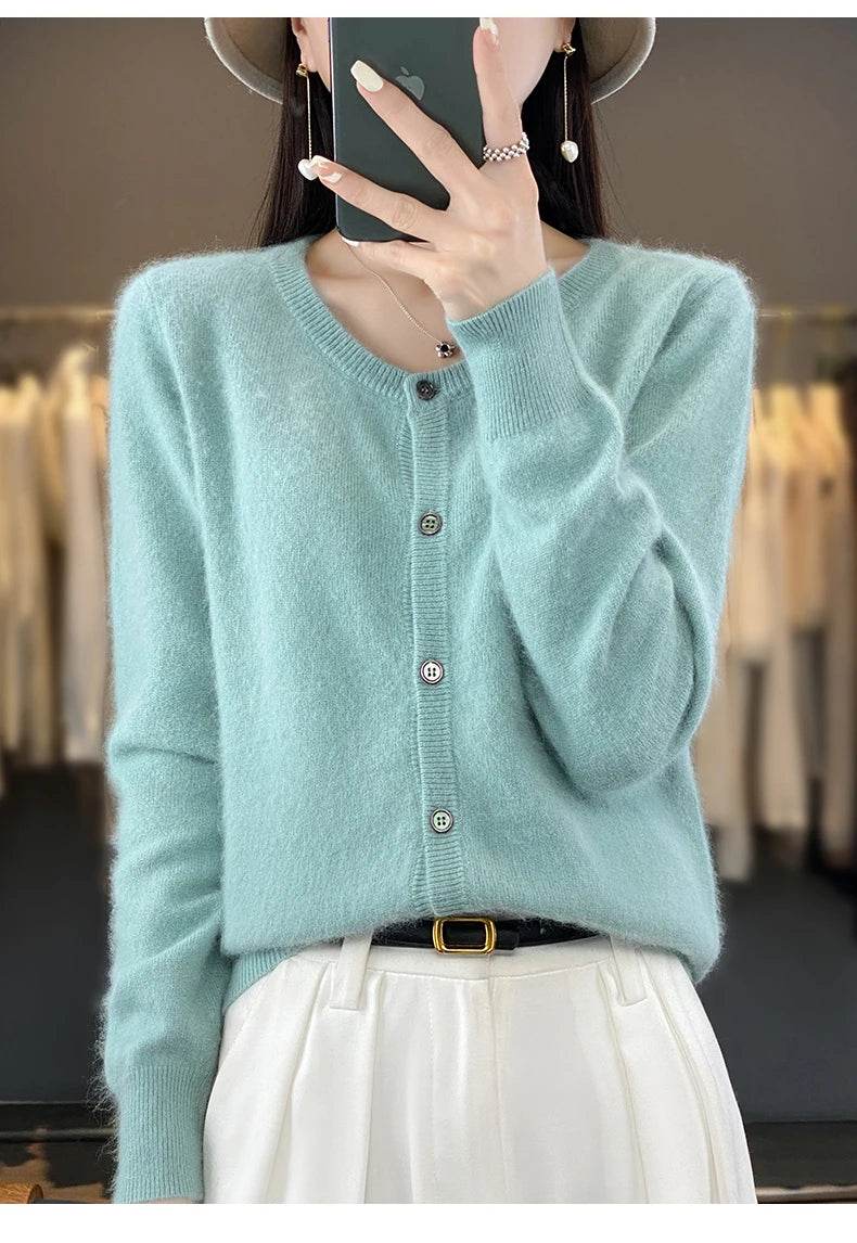 Women's Cardigan 100% Mink Cashmere Sweater,O-Neck Long Sleeve Top,Plus-Size Loose,Spring and Autumn Soft Knitted Jacket Female - AIAZ