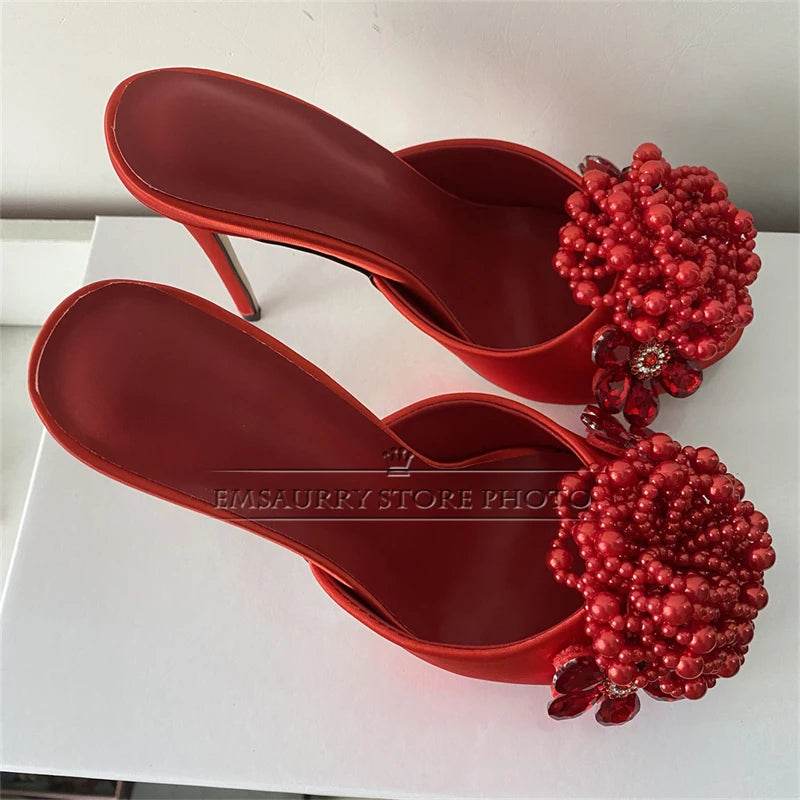 Crystal Beads Flower Decor Sandals Women 10cm Stiletto Heel Slingbacks Luxury Satin Summer Mules For Girls - AIAZ