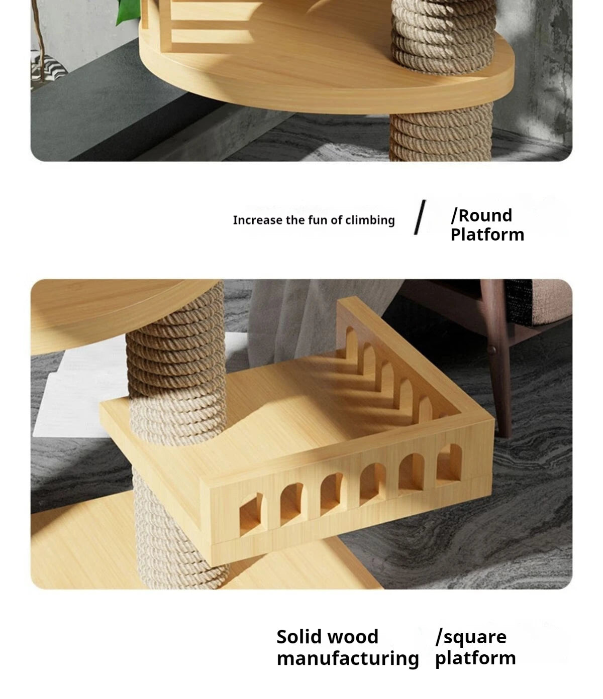 Adjustable Cat Tree House Tower Multi-function Floor To Ceiling Wooden House Tower Soft with Pet Condo Flannel Hammock Bed