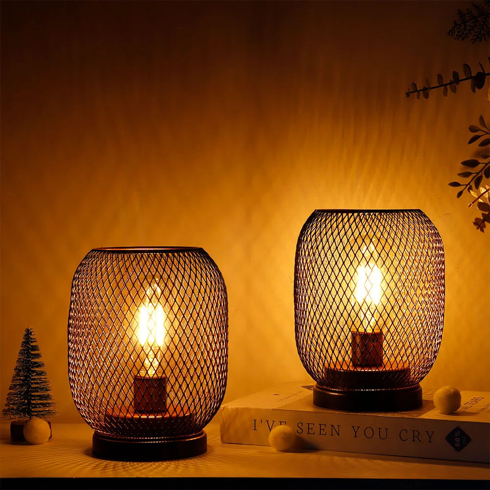 2Pcs Metal Cage Table Lamp Round Shaped LED Lantern Battery Powered Cordless Lamp for Weddings Party Home Decor Candle Holder
