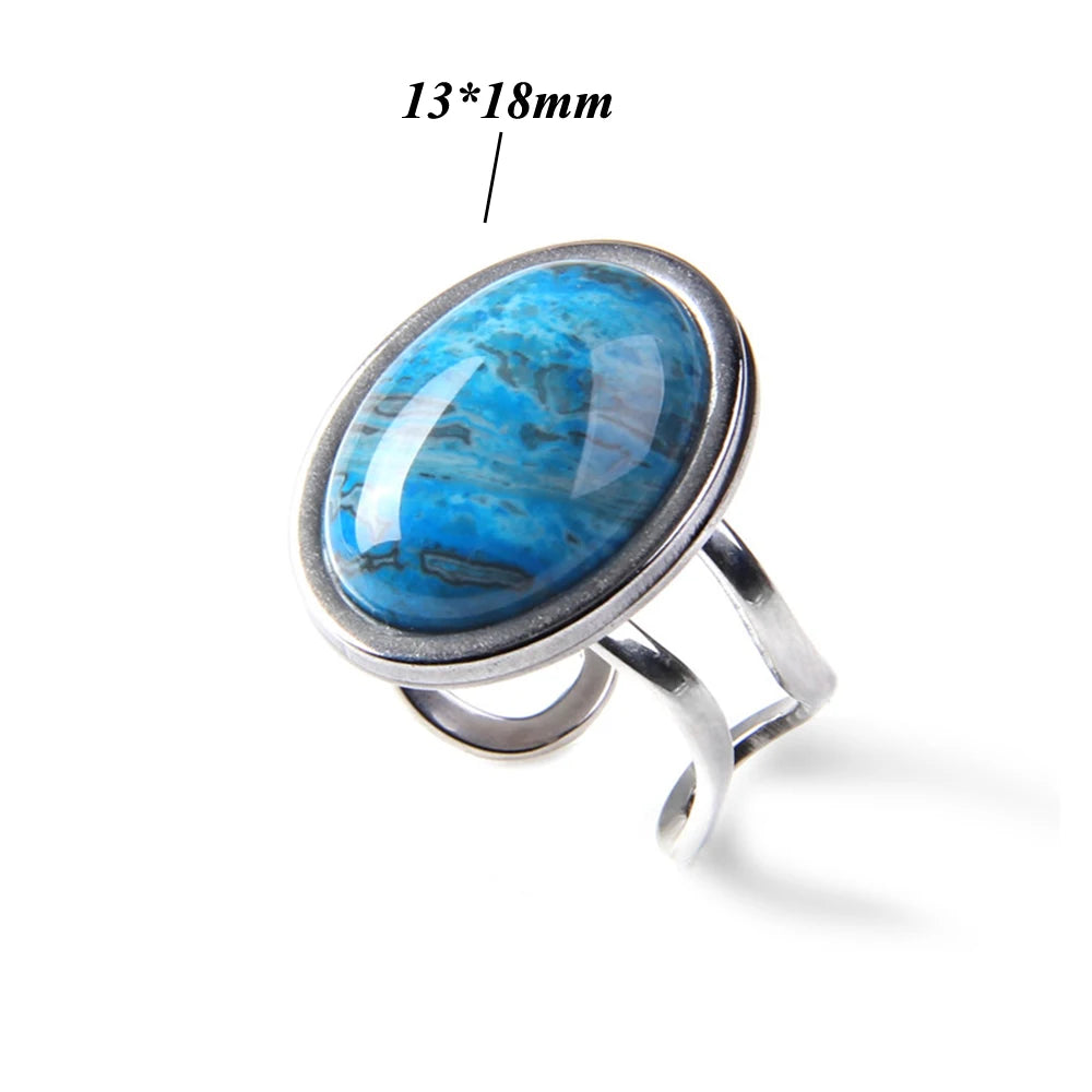 Cabochon Natural Stone Ring 10*14MM Oval Agates Turquois Quartzs Gem Finger Ring Silver Color Adjustable Open Rings Jewelry Gift