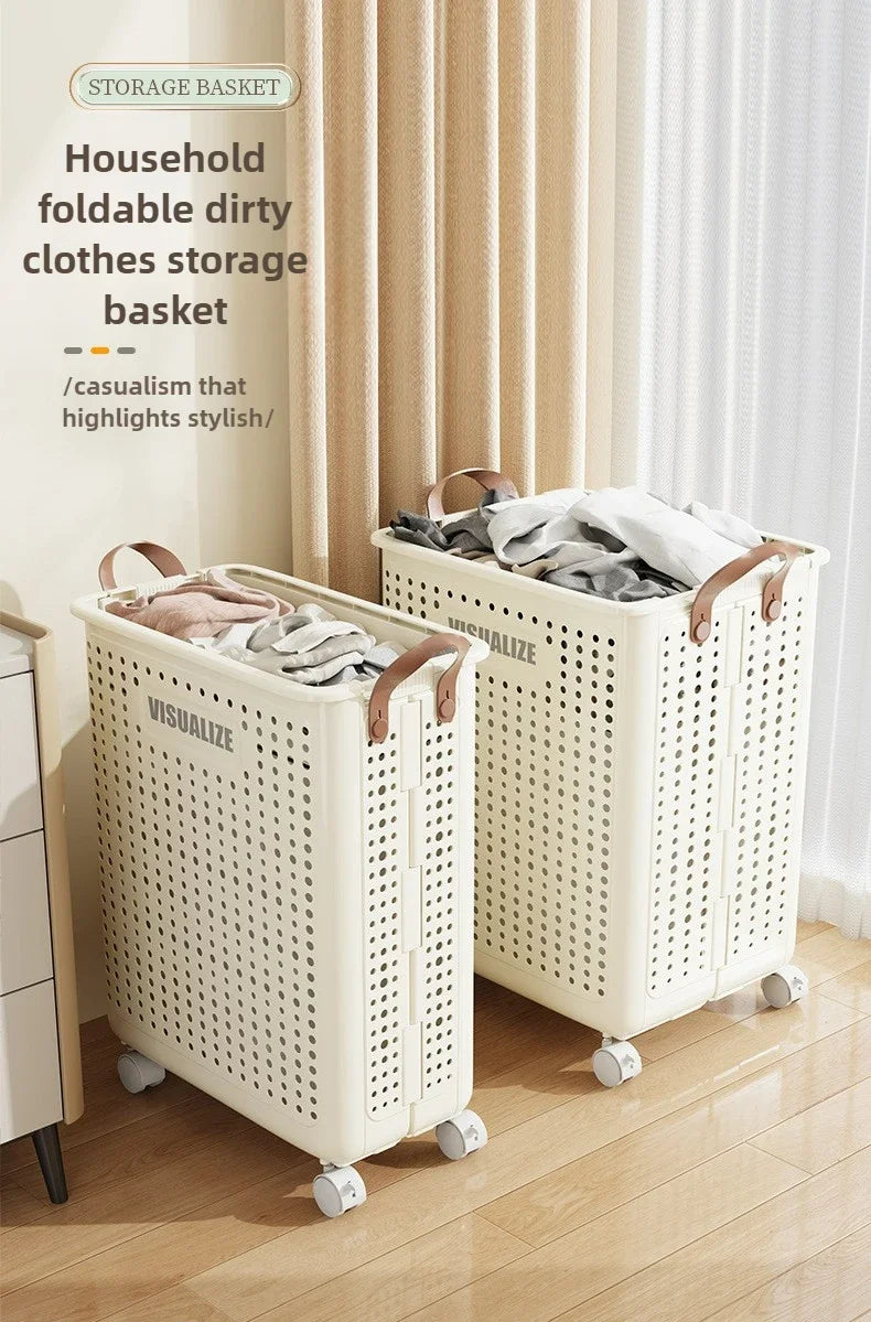 Folding Dirty Clothes Basket with Wheels Movable Laundry Hamper Storage Baskets Bathroom Large Capacity Dirty Clothes Basket