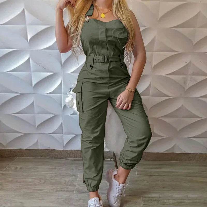 Women's Workwear Jumpsuits Summer Casual Simple Sleeveless Strap High Waist with Belt Fashion Solid Female Bound Feet Jumpsuits - AIAZ