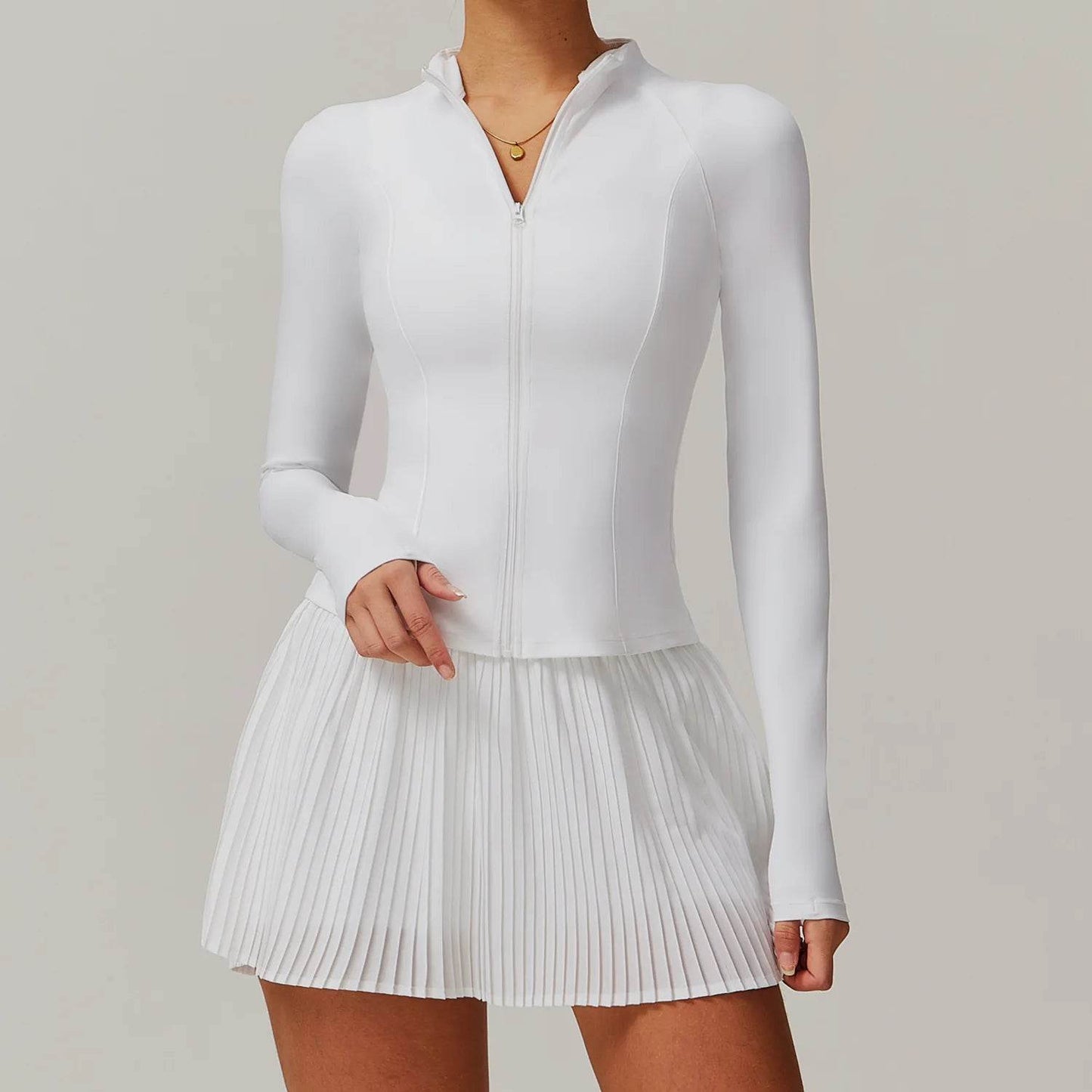 Yoga Sets Workout Sets for Women 2 Pieces Gym Suits Long Sleeved Outfits Zipper Fitness Jacket Running Short Skirt Sportswear - AIAZ