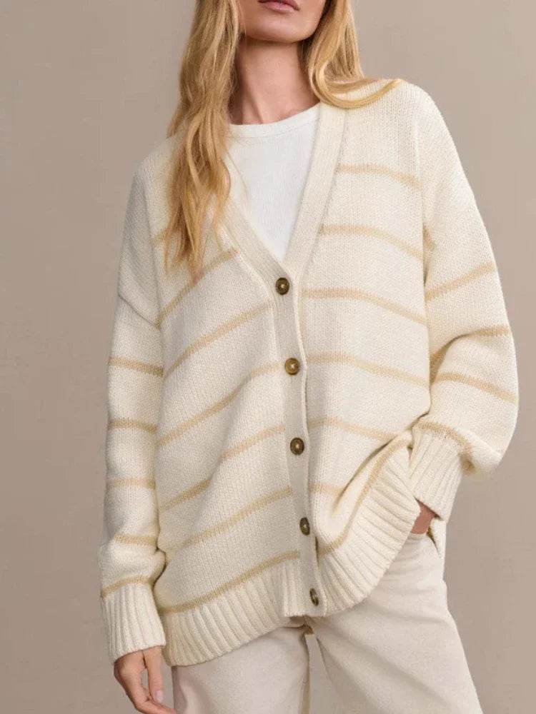 Striped Knitted Cardigan for Women European and American Style New Autumn and Winter 2025 V-Neck Long Sleeve Cardigan Sweater - AIAZ