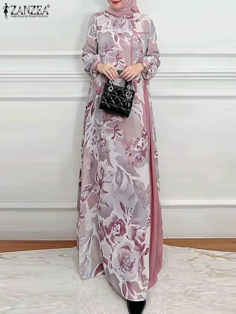 ZANZEA Muslim Fashion Floral Print Maxi Dress Women Elegant Fake Two-Piece Patchwork Abaya Vestidos Islamic Long Sleeve Robes - AIAZ