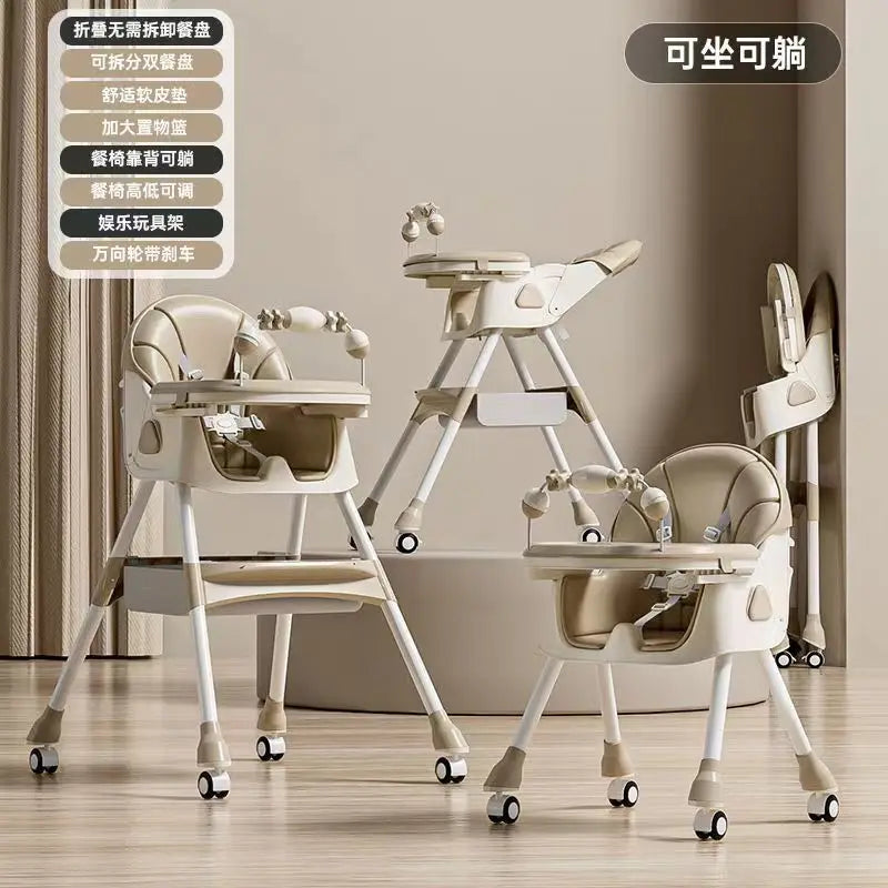 Portable Kids Dining Chair,Reinforced Steel Frame Non-Slip Base,Foldable with Wheels Adjustable Tray,Multi-Use Highchair