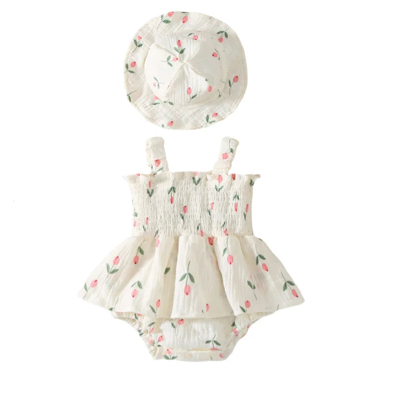 2PCS Summer Linen Floral Infant Newborn Baby Girls Bodysuit Active Floral Babe Camisole One Piece Tutu Dress With Hat Set