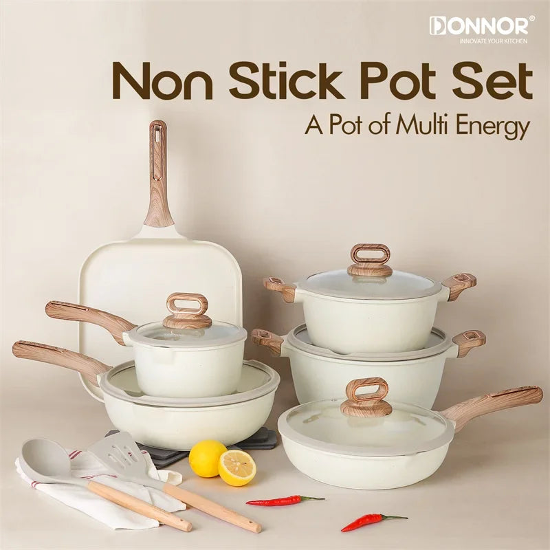 DONNOR 16Pcs/set Pot Set Home Nonstick Beef Steak Frying Pan Stewed Pot with Silicone Spatula and Glass Lid Kitchen Cookware Set