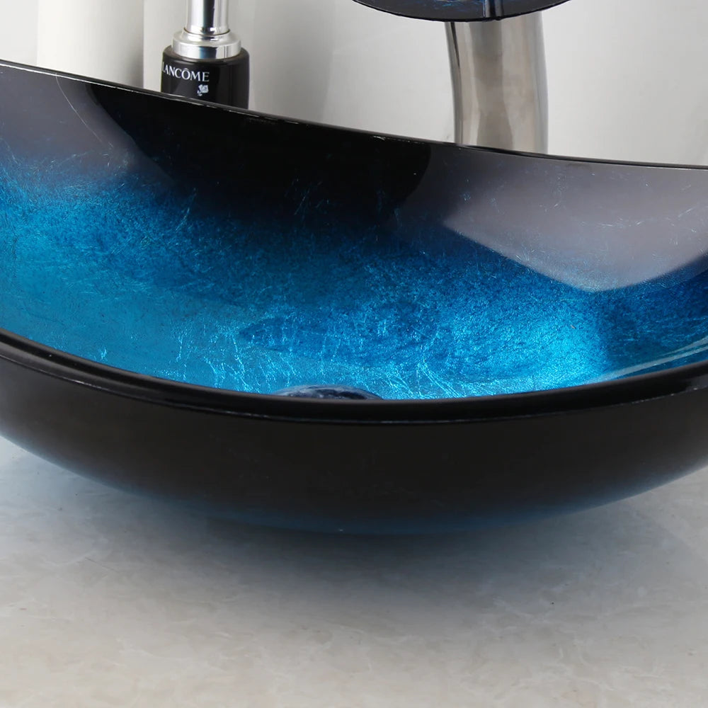 ZAPPO Tempered Glass Bathroom Vessel Sink with Waterfall Black Faucet Tap Bathroom Oval Blue Vessel Sinks Above Counter Basin