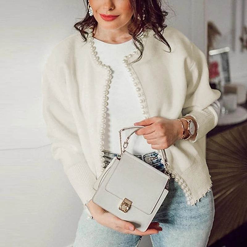 Women Casual Cardigan Sweater Elegant Long Sleeve Knit Sweater With Pearls Elegant White Sweater Coat Jacket - AIAZ