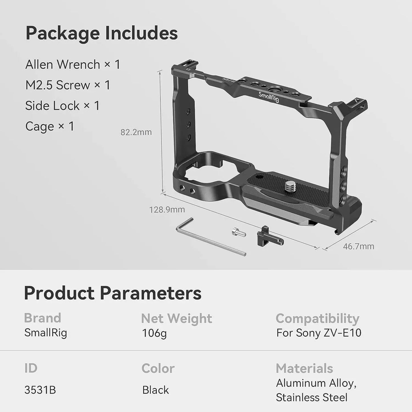 SmallRig for Sony ZV-E10 Cage with Silicone Grip and Built-in Quick Release Plate for Arca-Swiss Cage Rig Kit w Cold Shoe 3538
