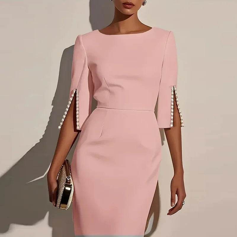 Elegant Women Fashion O-neck Solid Color Commuter Dress Hight Waist Slimming Long Dresses Beaded Split Half Sleeves Party Dress - AIAZ